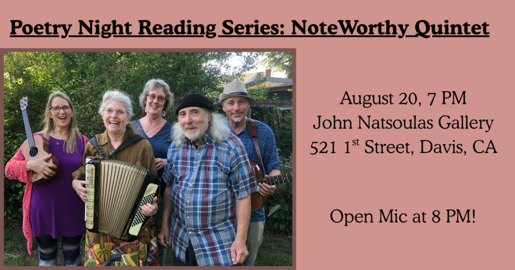 Image of the quintet NoteWorthy, including Wendy Silk holding an accordion.